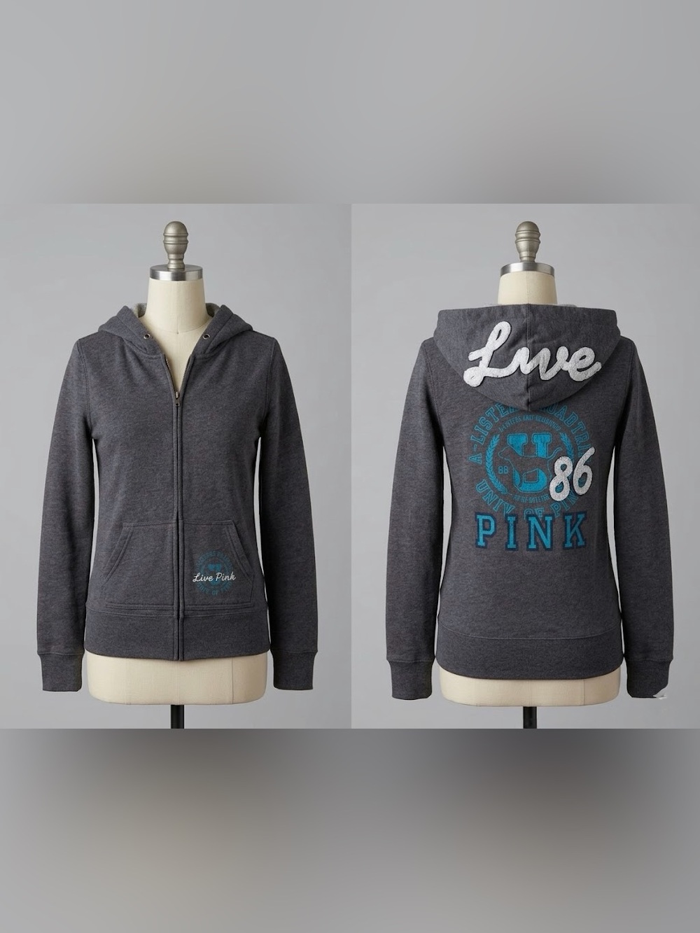 Y2K PINK Victoria's Secret Dark Gray Zip-Up Hoodie with Teal Logo